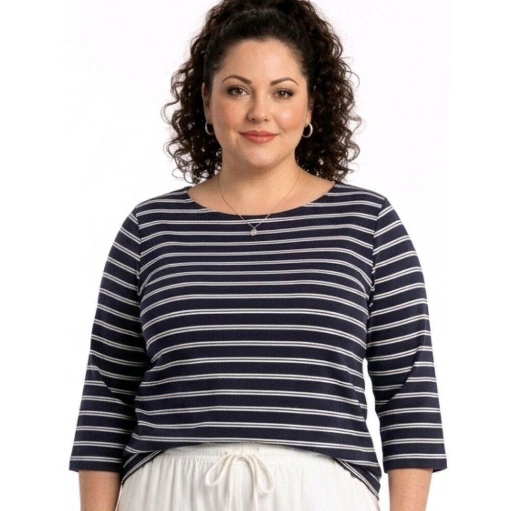 Lands' End Striped Navy & White Bateau Neck 3/4  Sleeve Top Size 3X NWOT